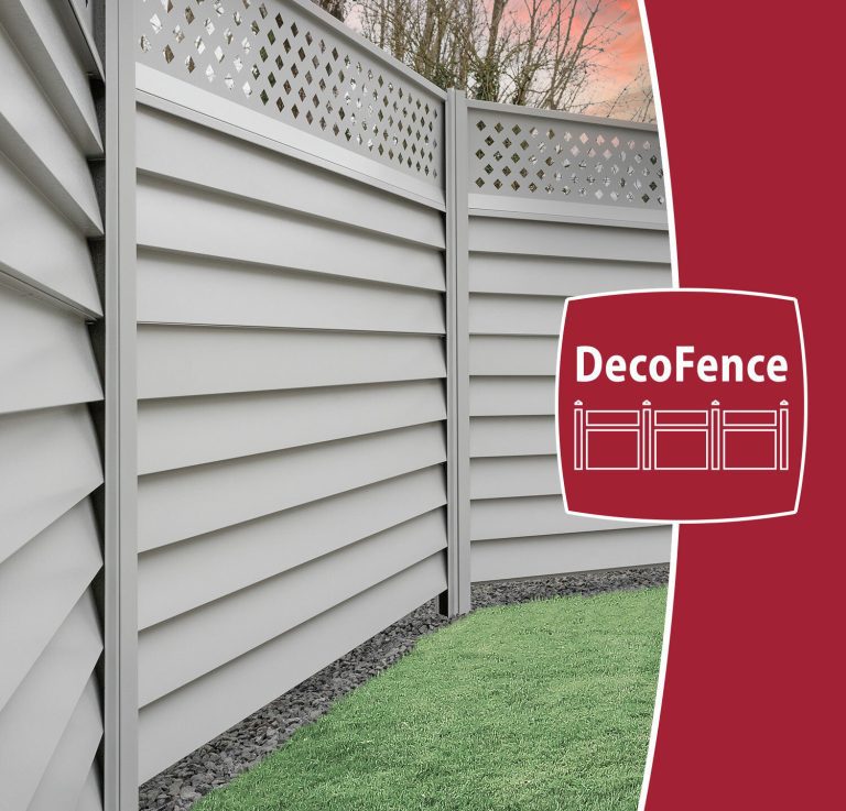 Photo of fence and DecoFence Logo