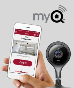 MyQ Logo and image of app and nest camera